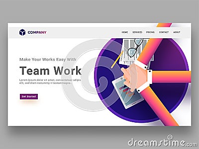Hero banner or website template design with top view of 3 businessman or colleagues joining hand together for team work concept. Stock Photo