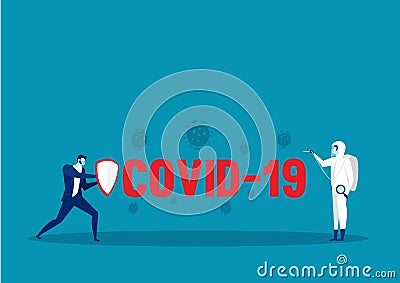 Hero businessman fighting with effect coronavirus 2019 Vector Illustration