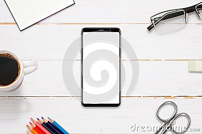 Hero header image on work desk with modern smart phone with isolated display for mockup, app, web site presentation Stock Photo