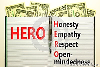 HERO honesty empathy respect open-mindedness symbol. Concept words HERO honesty empathy respect open-mindedness on white note, Stock Photo