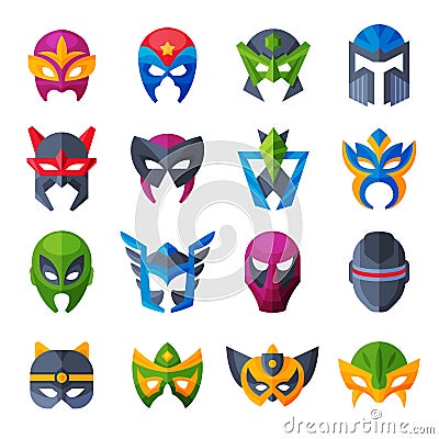 Hero mask vector superhero face masque and masking cartoon character illustration set of powerful masked symbol isolated Vector Illustration