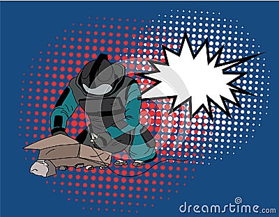 Pop art style comic art and halftone vector.Bomb Disposal Expert comic vector.pop art Man in EOD Suit with balloon. Vector Illustration
