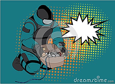 Pop art style comic art and halftone vector.Bomb Disposal Expert comic vector.pop art Man in EOD Suit with balloon. Vector Illustration