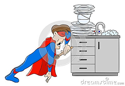 Hero washing dishes in despair Vector Illustration