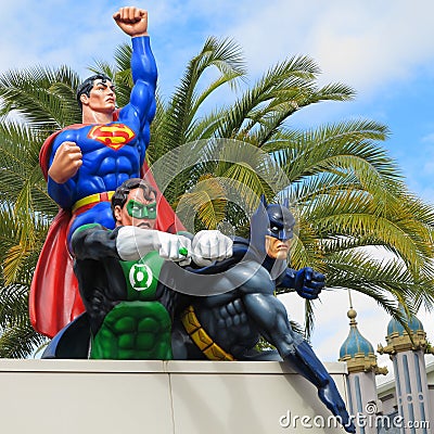 Hero team Superman, Green Lantern, Batman on roof Editorial Stock Photo