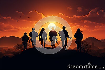 Heroic American soldiers shadows grace a desert sunset, defending freedom Stock Photo