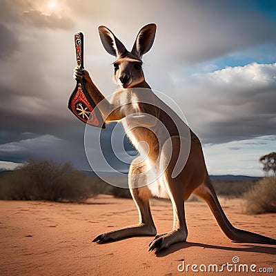 A heroic kangaroo with a boomerang shield, defending the outback from danger4 Stock Photo