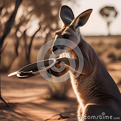 A heroic kangaroo with a boomerang shield, defending the outback from danger3 Stock Photo
