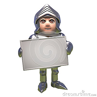 Heroic medieval knight in armour holds blank banner, 3d illustration Cartoon Illustration