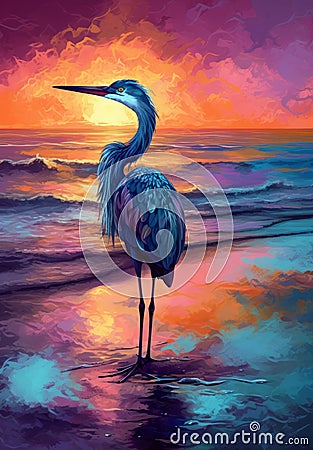 Heron on the beach, sunset art Stock Photo