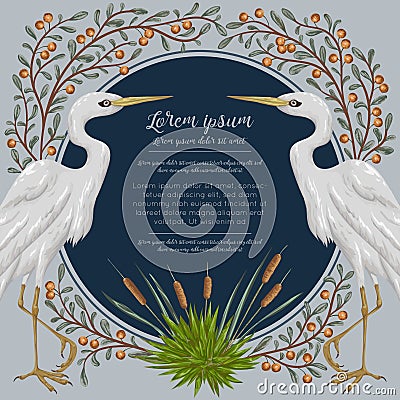 Heron bird and and swamp plants. Marsh flora and fauna. Vector Illustration