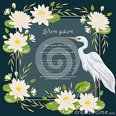 Heron bird and water lily. Swamp flora and fauna. Design for banner, poster, card, invitation and scrapbook. Vector Illustration