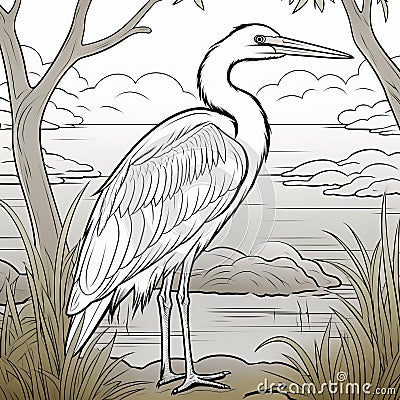 Heron Coloring Page: Flat Shading Art Inspired By Ivory Coast Cartoon Illustration