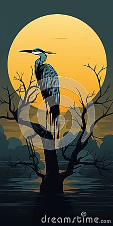 Macabre Illustration Of Blue Heron In Dramatic Sunset Stock Photo