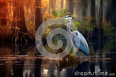 Heron on a log in the swamp at sunrise. This is a 3d render illustration, A Great Blue Heron is captured in Everglades National Cartoon Illustration