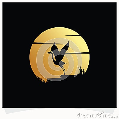 Heron Silhouette with Moon Background Logo Design Template Vector Illustration