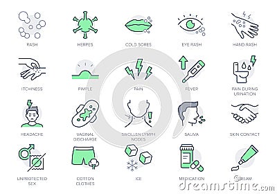 Herpes symptoms line icons. Vector illustration include icon - blister, pimple, pain, fever, vaginal, discharge, sores Vector Illustration