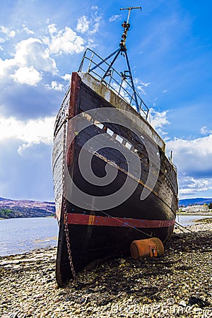 The wreck of a fishing trawler at Corpach near Fort William in the Highlands of Scotland Editorial Stock Photo