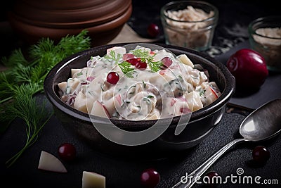 Herring polish salad dish. Generate Ai Stock Photo