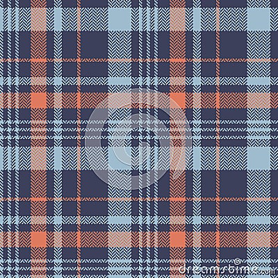 Herringbone plaid pattern in blue and orange. Tartan seamless check plaid for flannel shirt or other modern autumn print. Vector Illustration