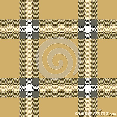 Herringbone plaid pattern in grey, mustard yellow gold, and white. Seamless tartan check plaid for flannel shirt, skirt. Vector Illustration