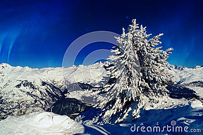 Herringbone in the snow on top of a mountain against a blue sky Stock Photo