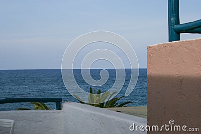 09.19.2008, Hersonissos, Crete, Greece. Landscape of the hotel on the coast. Stairs and trees close up. Stock Photo