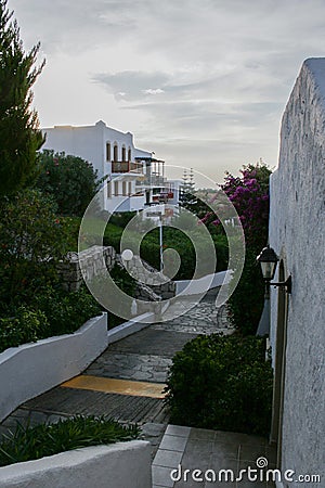 09.19.2008, Hersonissos, Crete, Greece. Landscape of the hotel on the coast. Stairs and trees close up. Stock Photo