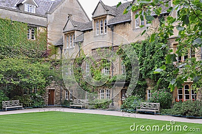 Hertford College Old Quad with english lawn & decorative trees, Oxford, United Kingdom Stock Photo