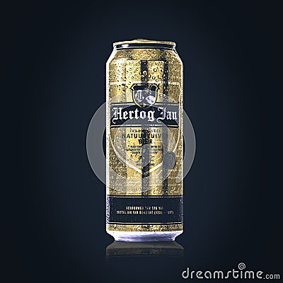 Hertog Jan beer can, water droplets / condensation on the beer can. Editorial Stock Photo