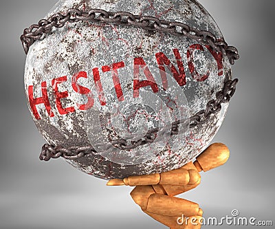 Hesitancy and hardship in life - pictured by word Hesitancy as a heavy weight on shoulders to symbolize Hesitancy as a burden, 3d Cartoon Illustration