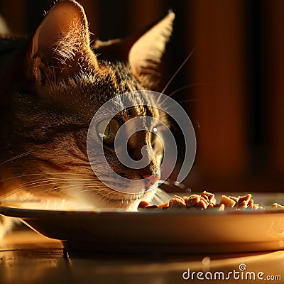 Hesitant cat approaching its food, close-up, in a warm and inviting light, capturing its conflicted appetite, ultra HD Stock Photo