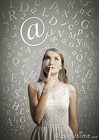 Hesitation. Girl in white and the internet. Stock Photo