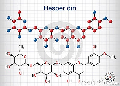 Hesperidin, C28H34O15, flavonoid molecule. It is flavanone glycoside, drug for treatment of venous disease. Sheet of paper in a Vector Illustration