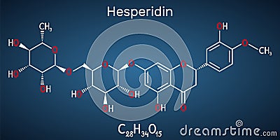 Hesperidin, C28H34O15, flavonoid molecule. It is flavanone glycoside, drug for treatment of venous disease. Structural chemical Vector Illustration