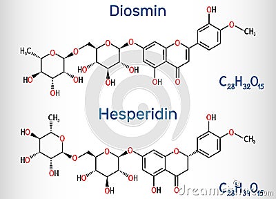 Hesperidin, diosmin, flavonoid molecule. Flavanone glycoside, drugs for treatment of venous disease. Structural chemical formula Vector Illustration