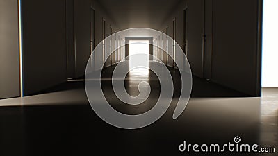 Het bewegen zich door de donkere gang met velen en sluitende deuren die voor de heldere witte uitgang openen Zaken en technologie stock illustratie Het bewegen zich door de donkere gang met velen en sluitende deuren die voor de heldere witte uitgang openen Zaken en technologie stock illustratie