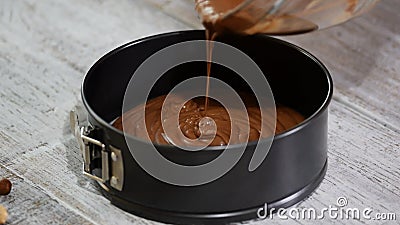 Het gietende beslag van de chocoladecake in de bakselvorm Het maken van chocoladebrownie stock video Het gietende beslag van de chocoladecake in de bakselvorm Het maken van chocoladebrownie stock video