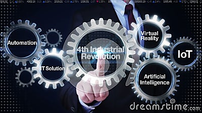 Het Toestel van de zakenmanaanraking met sleutelwoord, Automatisering, IT, Virtuele werkelijkheid, Kunstmatige intelligentie, '4d stock illustratie Het Toestel van de zakenmanaanraking met sleutelwoord, Automatisering, IT, Virtuele werkelijkheid, Kunstmatige intelligentie, '4d stock illustratie
