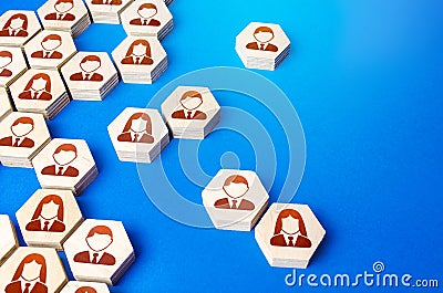 Heterogeneous social structure of employee hexagons. Recruiting and personnel management. Process of creating a business single Stock Photo