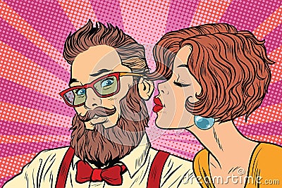 Heterosexual couple, beautiful woman kisses a hipster Vector Illustration