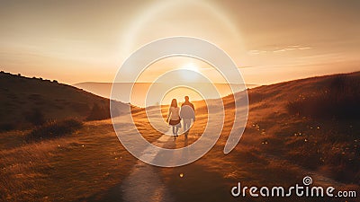 A heterosexual human couple silhouettes holding hands and walking towards dawn at summer field, neural network generated Stock Photo