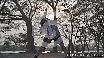 Heureux senior homme exercice et étirement au parc du lac sous l'arbre au coucher du soleil. asiatique hommes âgés activité extéri banque de vidéos Heureux senior homme exercice et étirement au parc du lac sous l'arbre au coucher du soleil. asiatique hommes âgés activité extéri banque de vidéos