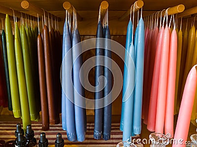 HEUVELTON NY / USA - NOVEMBER 09, 2019: Variety of Colored, Handmade Wax Candles at Local General Store, November 09, 2019 Editorial Stock Photo