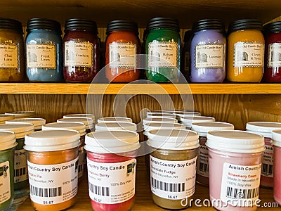 HEUVELTON NY / USA - NOVEMBER 09, 2019: Variety of Colorful, Scented Wax Candles, at a Local General Store, November 09, 2019 Editorial Stock Photo