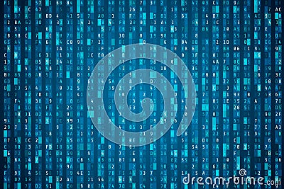 Hex code stream. Random hexadecimal code. Cyber security concept. Abstract digital data element. Matrix background. Vector Vector Illustration