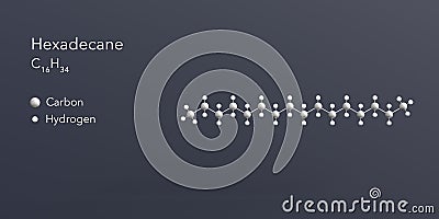 hexadecane molecule 3d rendering, flat molecular structure with chemical formula and atoms color coding Stock Photo