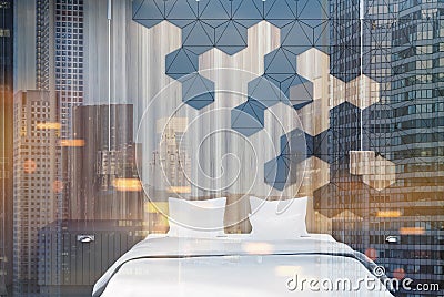 Hexagon bedroom interior front toned Stock Photo