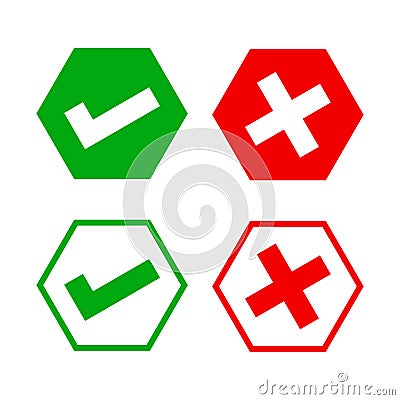 Hexagon check mark and x or confirm and deny, hexagon button checkmark for apps or websites, icon checklist choice, checkbox Vector Illustration