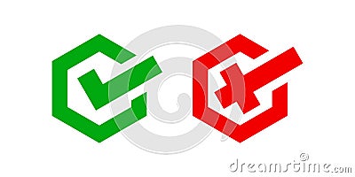 Hexagon check mark and x or confirm and deny, hexagon button checkmark for apps or websites, icon checklist choice, checkbox Vector Illustration